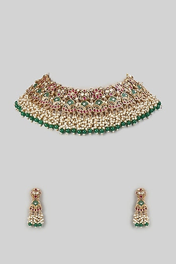 Gold Finish Kundan Polki & Emerald Stone Necklace Set