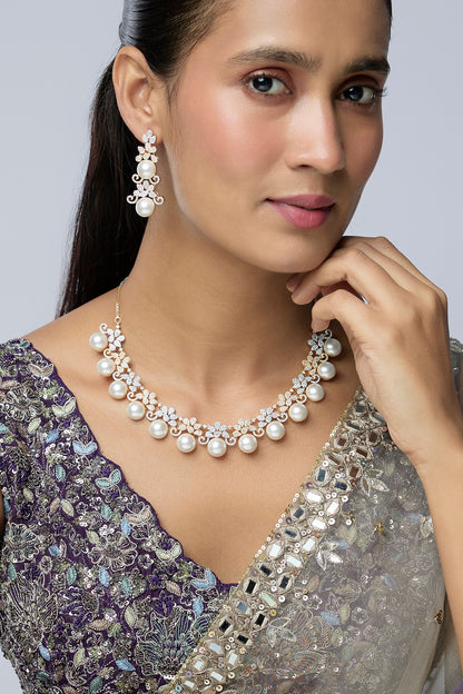 Two-Tone Finish Zircon & Pearl Necklace Set