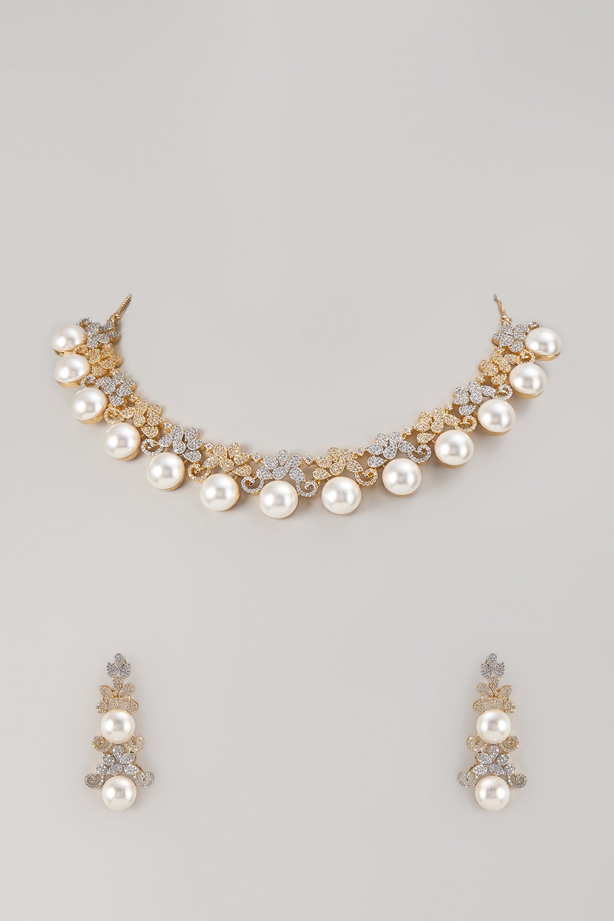 Two-Tone Finish Zircon & Pearl Necklace Set