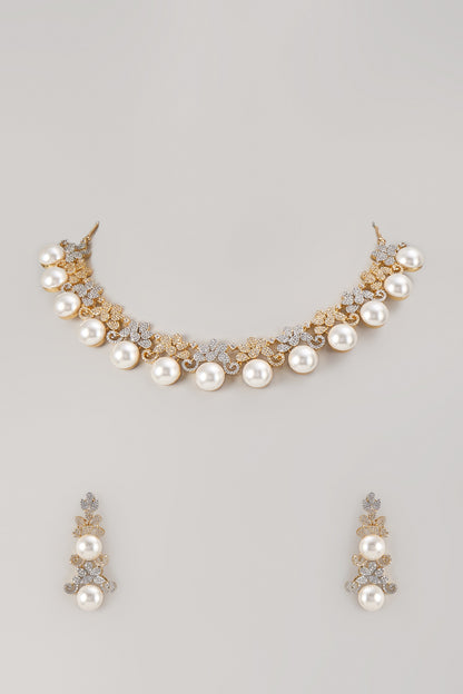 Two-Tone Finish Zircon & Pearl Necklace Set