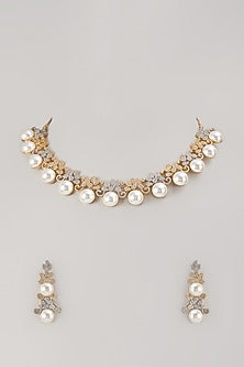 Two-Tone Finish Zircon & Pearl Necklace Set