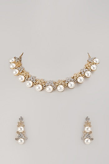 Two-Tone Finish Zircon & Pearl Necklace Set