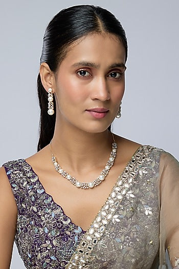 Two-Tone Finish Zircon & Pearl Necklace Set