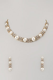 Two-Tone Finish Zircon & Pearl Necklace Set
