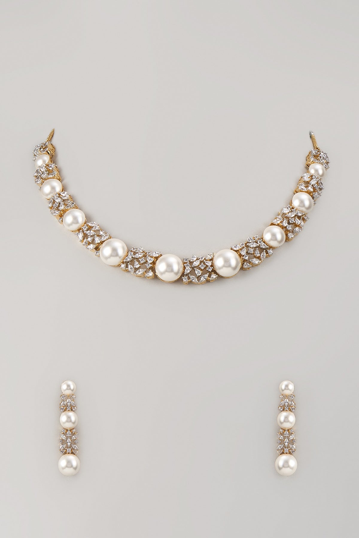 Two-Tone Finish Zircon & Pearl Necklace Set