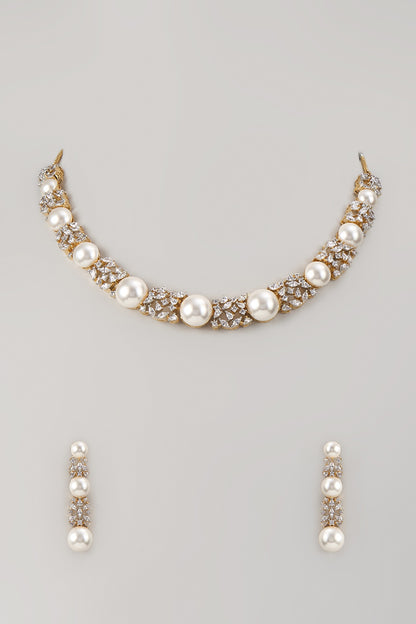 Two-Tone Finish Zircon & Pearl Necklace Set