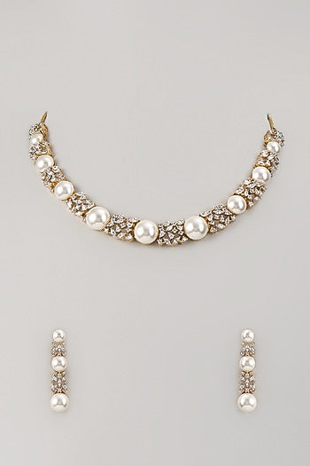 Two-Tone Finish Zircon & Pearl Necklace Set