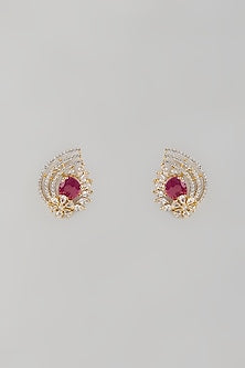 Gold Finish Zircon & Ruby Stone Stud Earrings