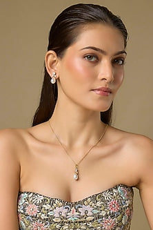 Two Tone Finish Swarovski Diamond & Pearl Pendant Set In Sterling Silver