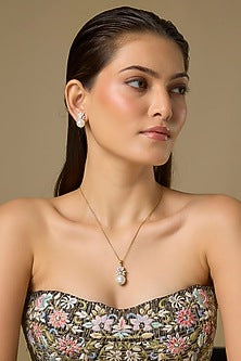 Two Tone Finish Swarovski Zircon & Pearl Pendant Necklace Set In Sterling Silver