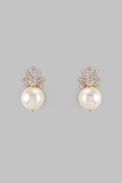 Two Tone Finish Swarovski Diamond & Pearl Pendant Set In Sterling Silver