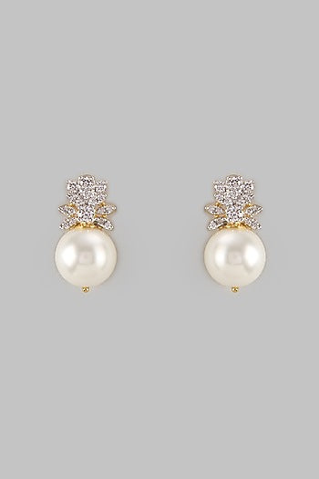 Two Tone Finish Swarovski Zircon & Pearl Pendant Necklace Set In Sterling Silver