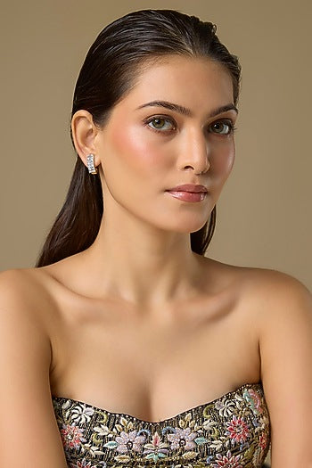 Two Tone Finish Swarovski Zircon Stud Earrings In Sterling Silver