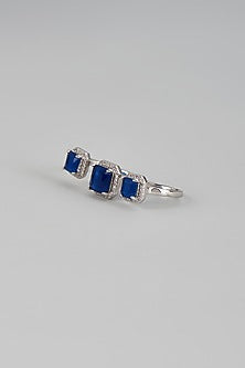 White Rhodium Finish Synthetic Blue Sapphire Stone & Zircon Ring