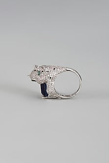 White Rhodium Finish Zircon Leopard Face Ring