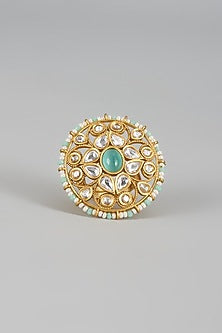 Gold Finish Pearl & Aqua Stone Ring