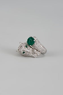 White Rhodium Finish Zircon Leopard Face Ring