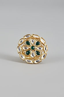 Gold Finish Uncut Stone & Emerald Ring