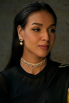 Gold Finish Uncut Stone & Ruby Choker Necklace Set