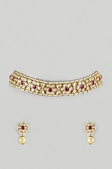 Gold Finish Uncut Stone & Ruby Choker Necklace Set