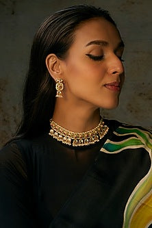 Gold Finish Uncut Stone & Ruby Choker Necklace Set