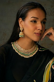 Gold Finish Light Pink Stone & Aqua Droplet Choker Necklace Set