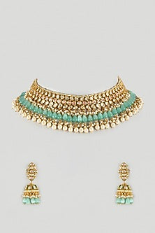 Gold Finish Light Pink Stone & Aqua Droplet Choker Necklace Set