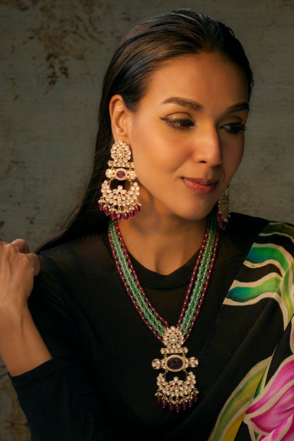 Gold Finish Maroon & Aqua Blue Beaded Long Pendant Necklace Set