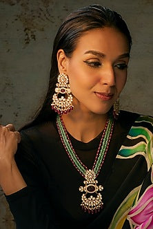 Gold Finish Maroon & Aqua Blue Beaded Long Pendant Necklace Set