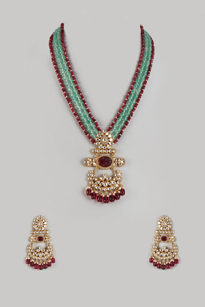 Gold Finish Maroon & Aqua Blue Beaded Long Pendant Necklace Set
