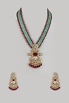 Gold Finish Maroon & Aqua Blue Beaded Long Pendant Necklace Set