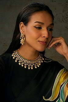 Gold Finish Kundan Polki & Green Droplet Choker Necklace Set