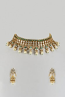 Gold Finish Kundan Polki & Green Droplet Choker Necklace Set