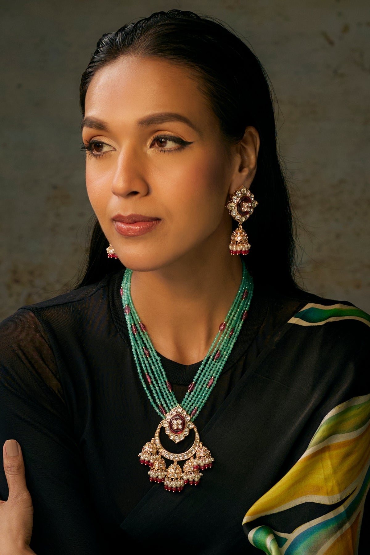 Gold Finish Maroon & Aqua Blue Beaded Long Pendant Necklace Set