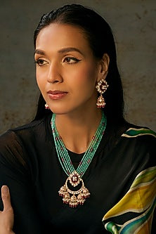 Gold Finish Maroon & Aqua Blue Beaded Long Pendant Necklace Set