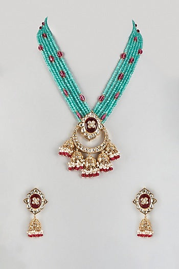 Gold Finish Maroon & Aqua Blue Beaded Long Pendant Necklace Set