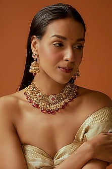 Gold Finish Kundan Polki & Maroon Droplet Choker Necklace Set