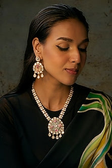 Gold Finish Uncut Stone & Ruby Long Necklace Set