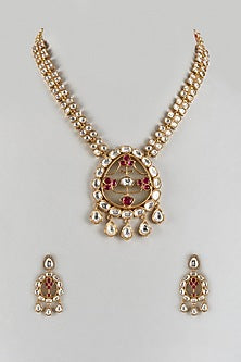 Gold Finish Uncut Stone & Ruby Long Necklace Set