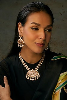 Gold Finish Uncut Stone & Ruby Long Necklace Set