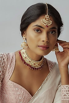 Gold Finish Uncut Stone & Maroon Droplet Choker Necklace Set