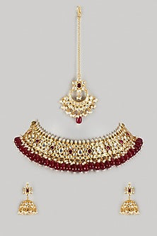 Gold Finish Uncut Stone & Maroon Droplet Choker Necklace Set