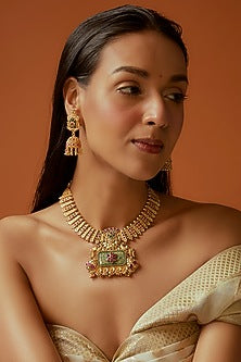 Gold Finish Red & Green Stone Temple Choker Necklace Set