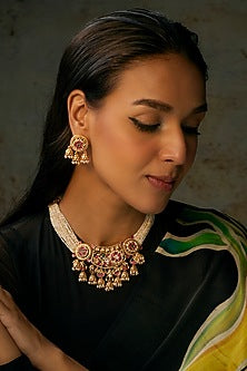 Gold Finish Red & Green Stone Temple Choker Necklace Set