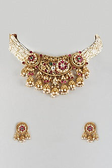 Gold Finish Red & Green Stone Temple Choker Necklace Set