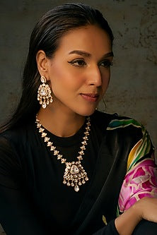 Gold Finish Uncut Stone & Ruby Long Necklace Set
