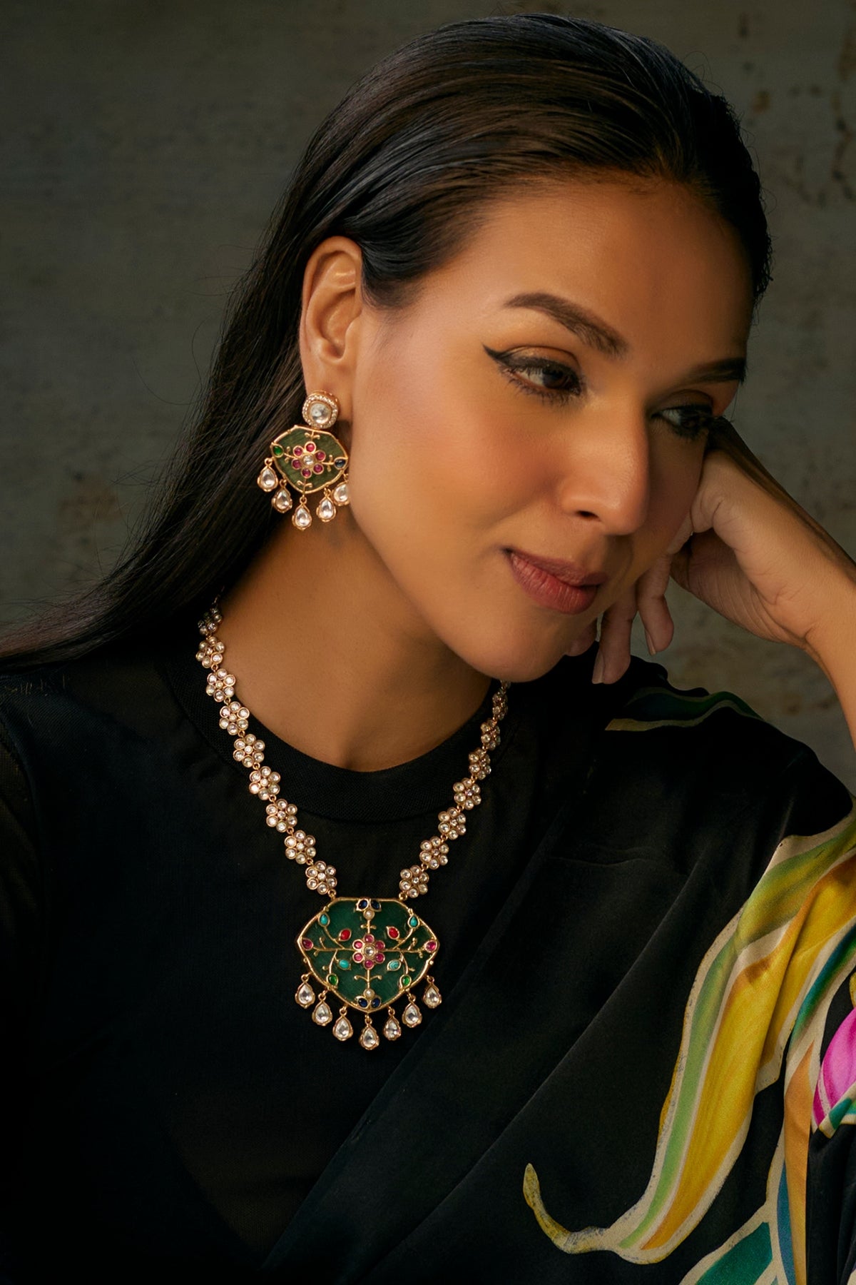 Gold Finish Uncut Stone & Emerald Long Necklace Set