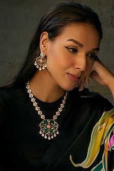 Gold Finish Uncut Stone & Emerald Long Necklace Set