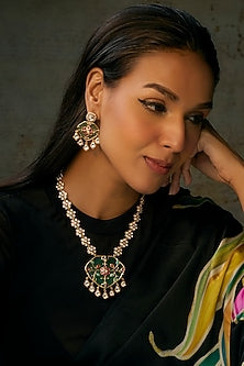 Gold Finish Uncut Stone & Emerald Long Necklace Set