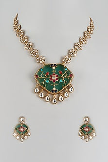 Gold Finish Uncut Stone & Emerald Long Necklace Set